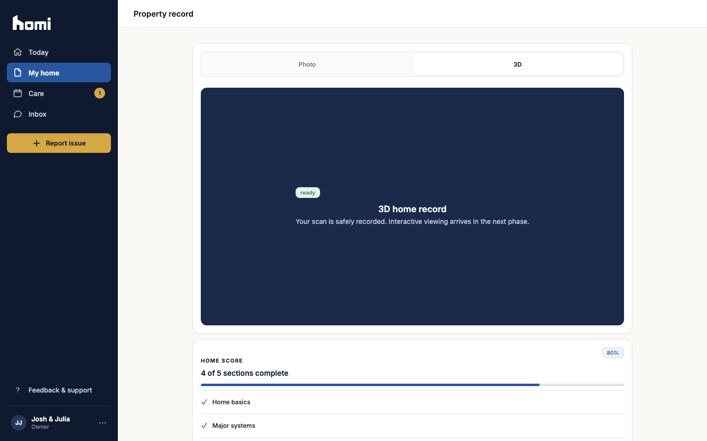 Actual Homi home systems record with demo data
