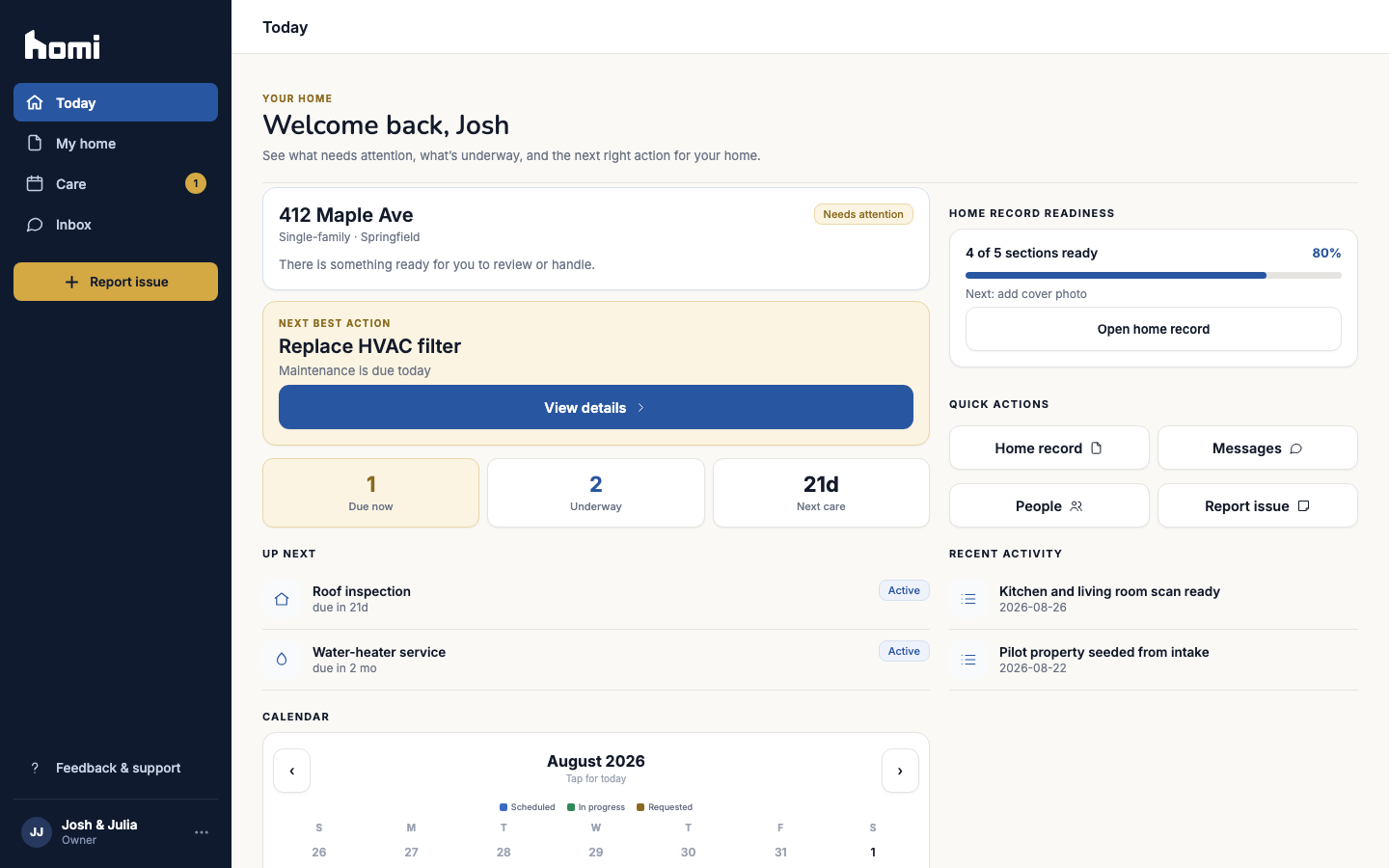 Homi owner dashboard showing home readiness, due maintenance, active work, and quick actions