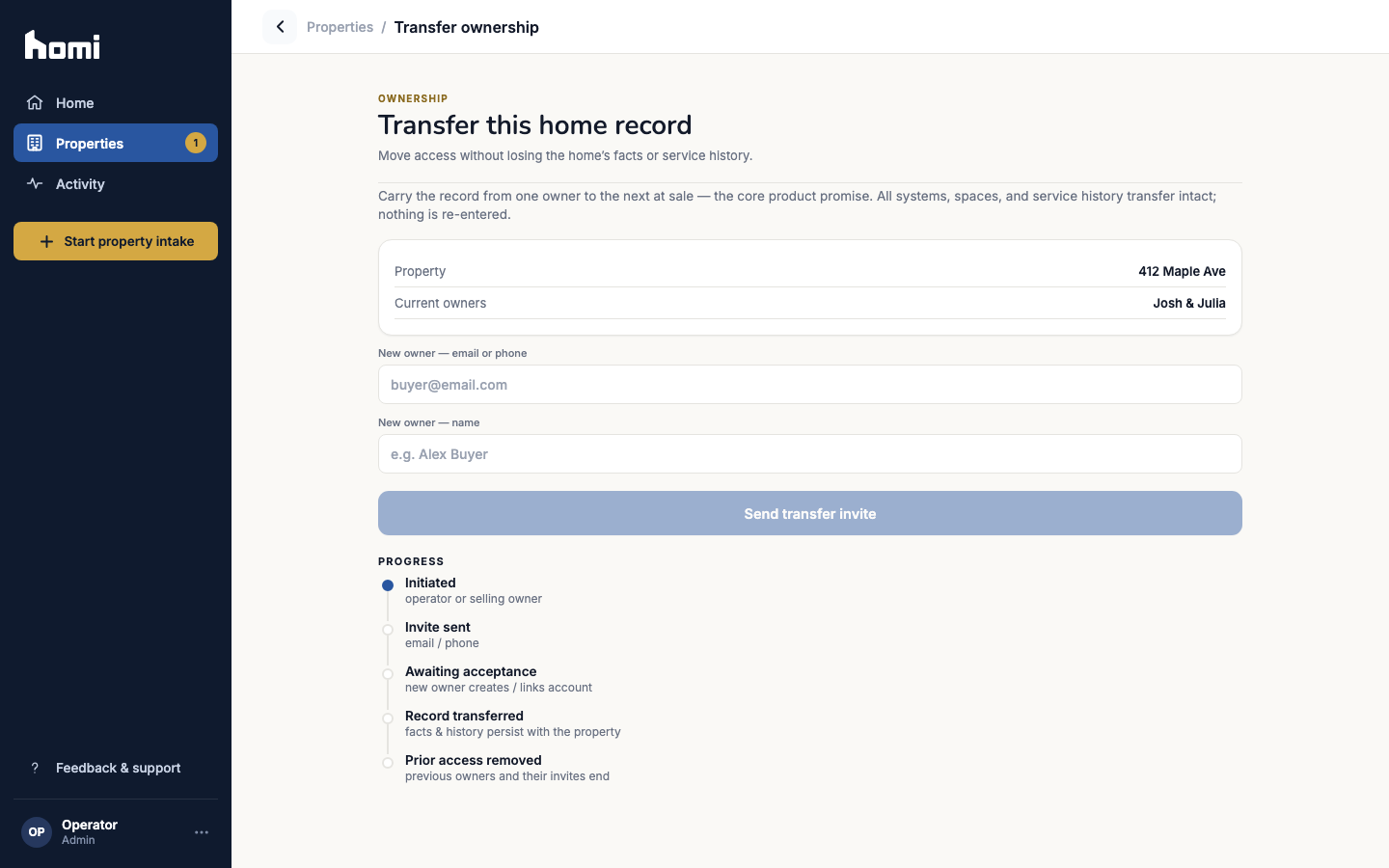 Actual Homi ownership transfer workflow with demo data