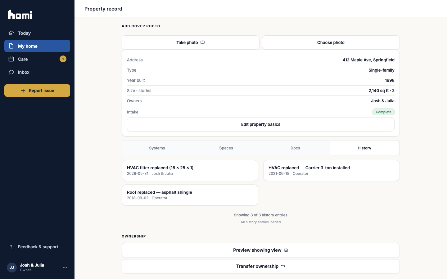 Actual Homi service history with demo data